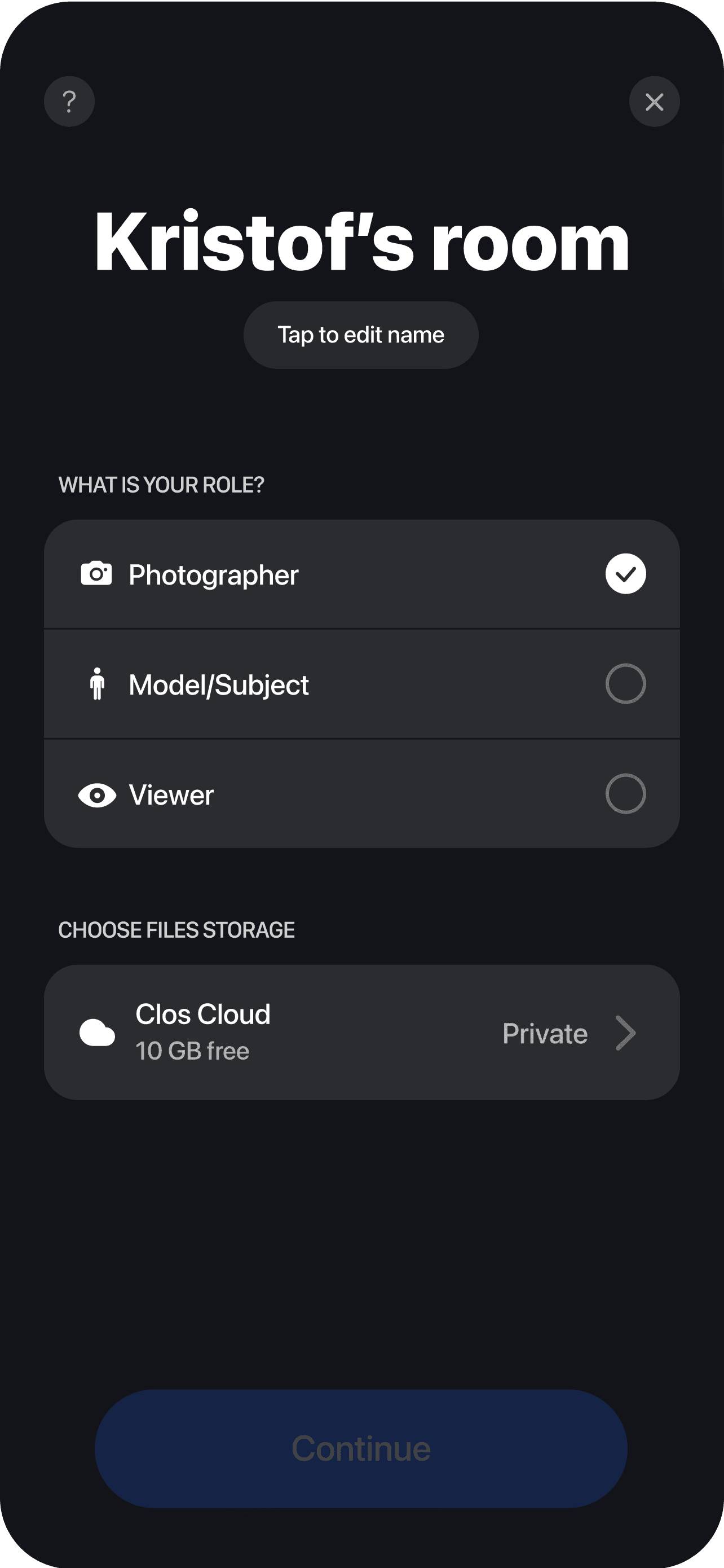 CLOS app — virtual room with live camera preview